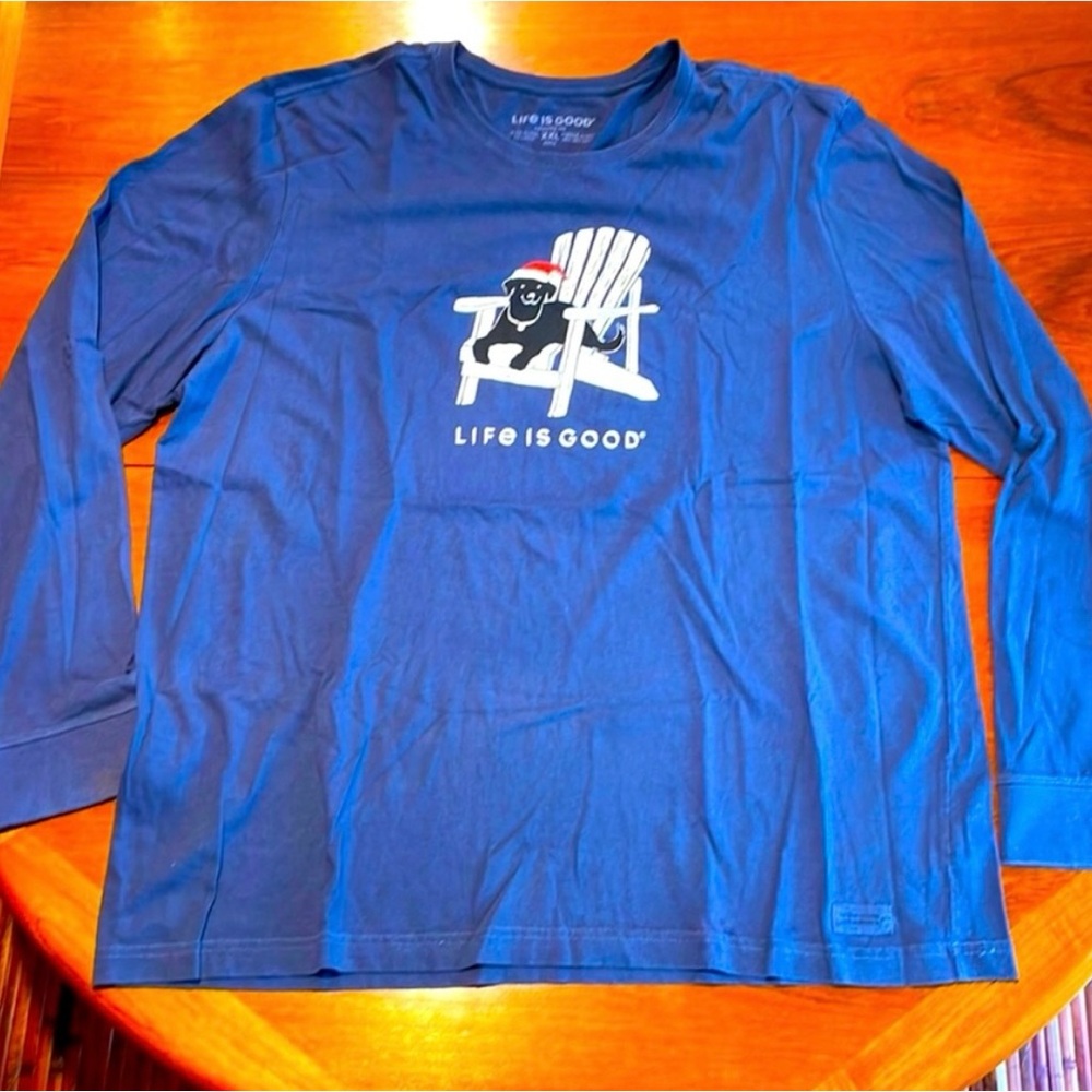 Life is Good blue long sleeve crusher shirt size XXL black lab with Santa hat
